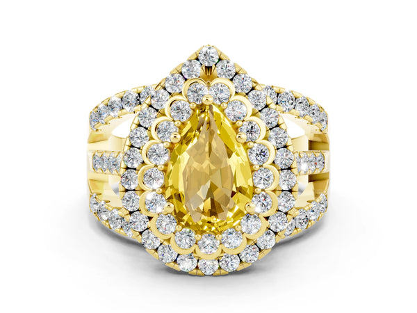 Yellow gold Pear Cut Yellow Sapphire Double Halo Ring with Round Pavé Split Shank and Prong Setting