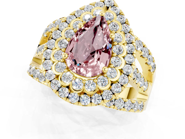 Yellow gold Double Halo Pear Cut Diamond Split Shank Pave Set Ring