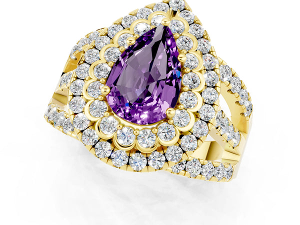 Yellow gold Pear Cut Amethyst Double Halo Ring with Round Pavé Split Shank and Prong Setting