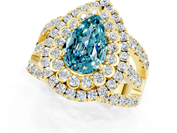 Yellow gold Double Halo Pear Cut Diamond Split Shank Pave Set Ring