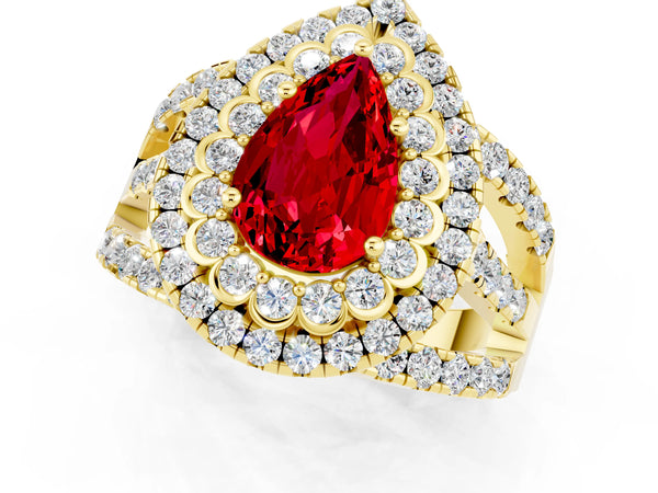 Yellow gold Double Halo Pear Cut Diamond Split Shank Pave Set Ring