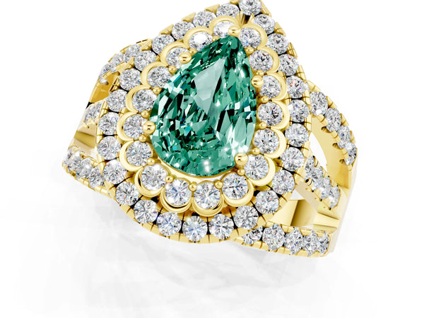 Yellow gold Pear Cut Green Sapphire Double Halo Ring with Round Pavé Split Shank and Prong Setting