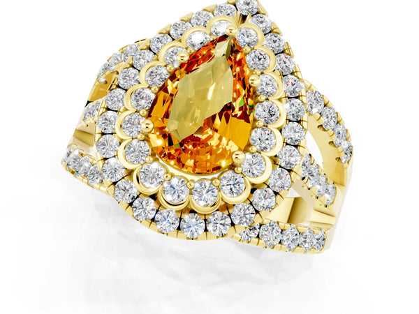 Yellow gold Pear Cut Citrine Double Halo Ring with Round Pavé Split Shank and Prong Setting