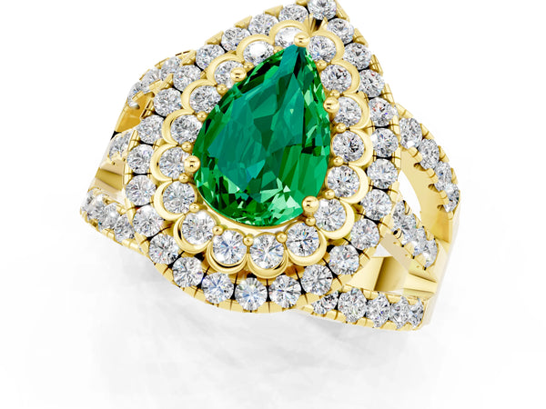 Yellow gold Pear Cut Emerald Double Halo Ring with Round Pavé Split Shank and Prong Setting