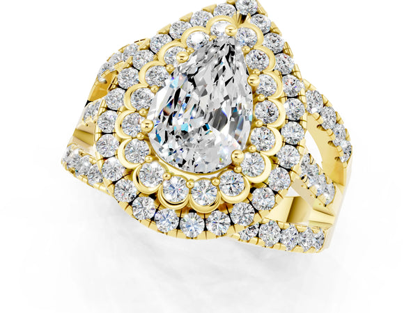 Yellow gold Pear Cut Moissanite Double Halo Ring with Round Pavé Split Shank and Prong Setting