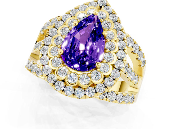 Yellow gold Pear Cut Tanzanite Double Halo Ring with Round Pavé Split Shank and Prong Setting