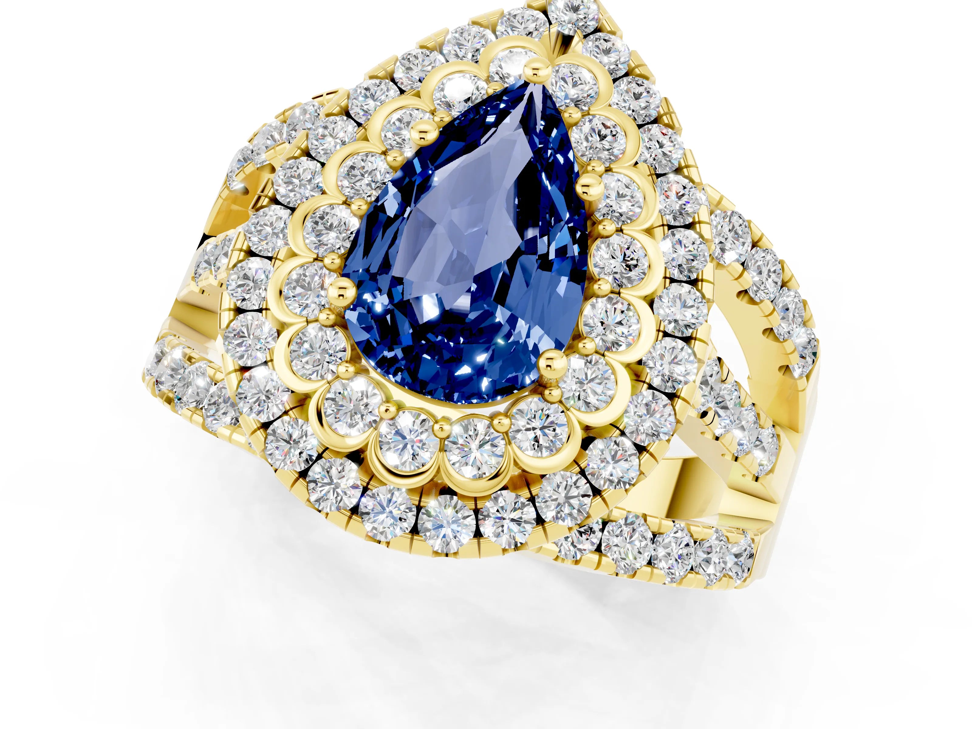 Yellow gold Double Halo Pear Cut Diamond Split Shank Pave Set Ring_1