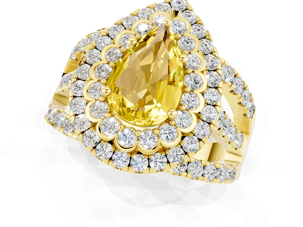 Yellow gold Pear Cut Yellow Sapphire Double Halo Ring with Round Pavé Split Shank and Prong Setting