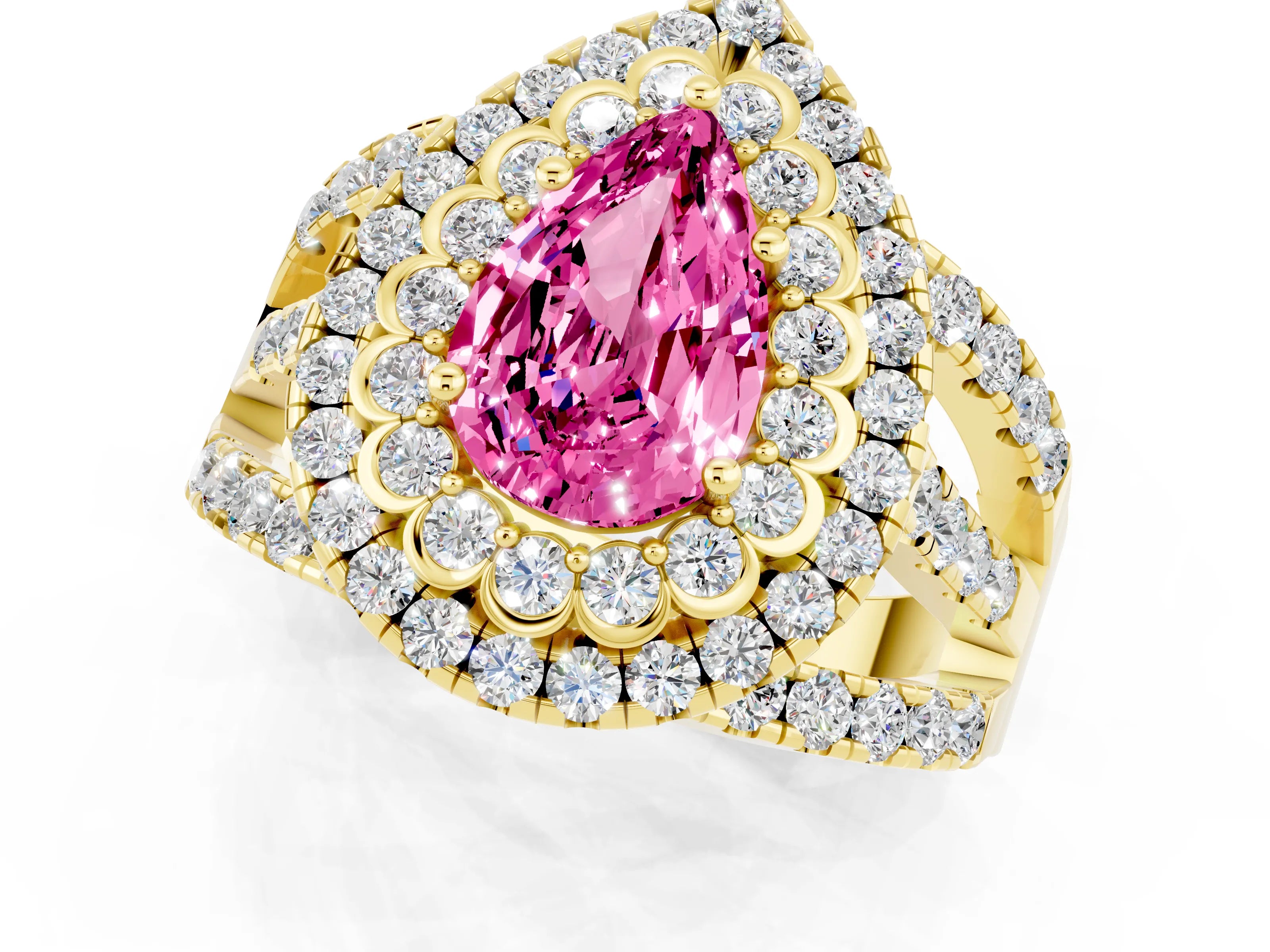 Yellow gold Double Halo Pear Cut Diamond Split Shank Pave Set Ring_1