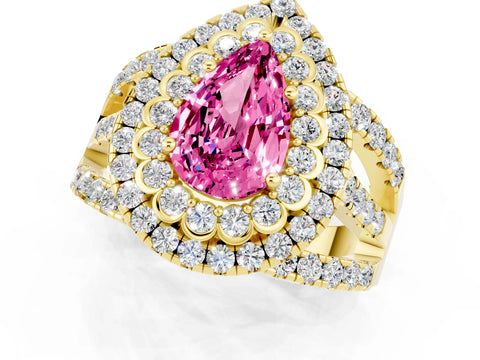 Yellow gold Double Halo Pear Cut Diamond Split Shank Pave Set Ring_1