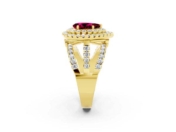 Yellow gold Pear Cut Garnet Double Halo Ring with Round Pavé Split Shank and Prong Setting