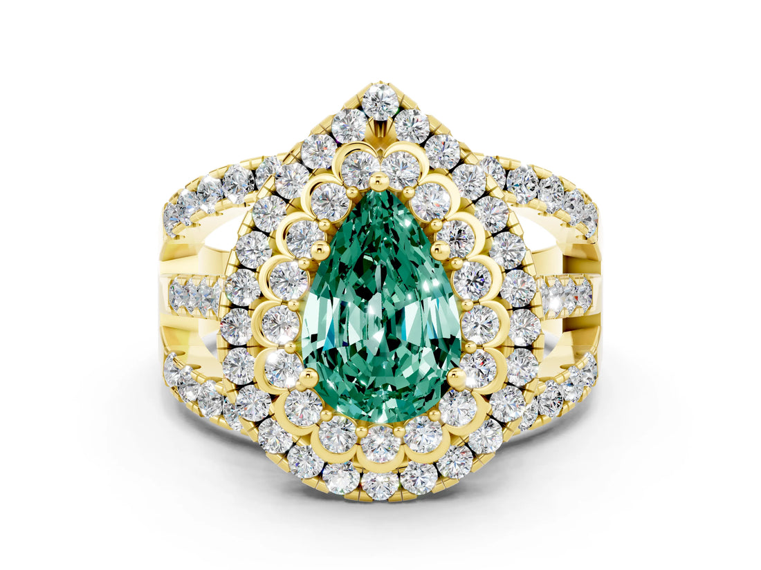 Yellow gold Double Halo Pear Cut Diamond Split Shank Pave Set Ring
