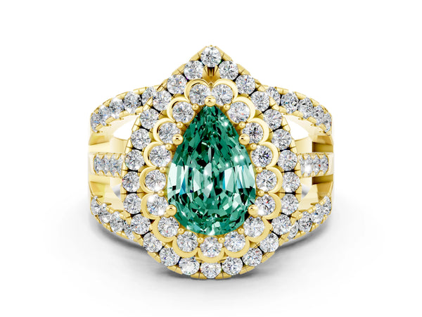 Yellow gold Pear Cut Green Sapphire Double Halo Ring with Round Pavé Split Shank and Prong Setting