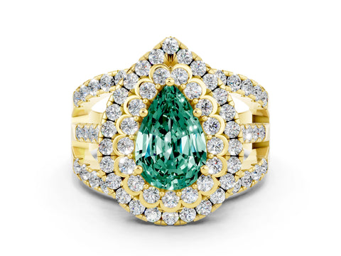Yellow gold Double Halo Pear Cut Diamond Split Shank Pave Set Ring