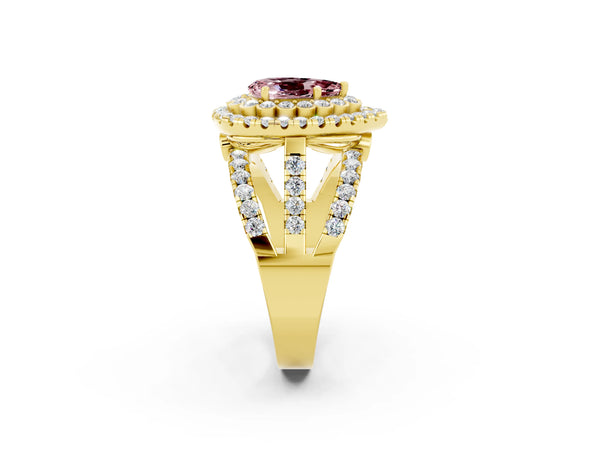 Yellow gold Double Halo Pear Cut Diamond Split Shank Pave Set Ring