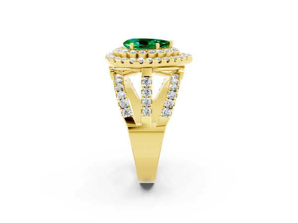 Yellow gold Pear Cut Emerald Double Halo Ring with Round Pavé Split Shank and Prong Setting