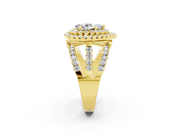 Yellow gold Pear Cut Moissanite Double Halo Ring with Round Pavé Split Shank and Prong Setting