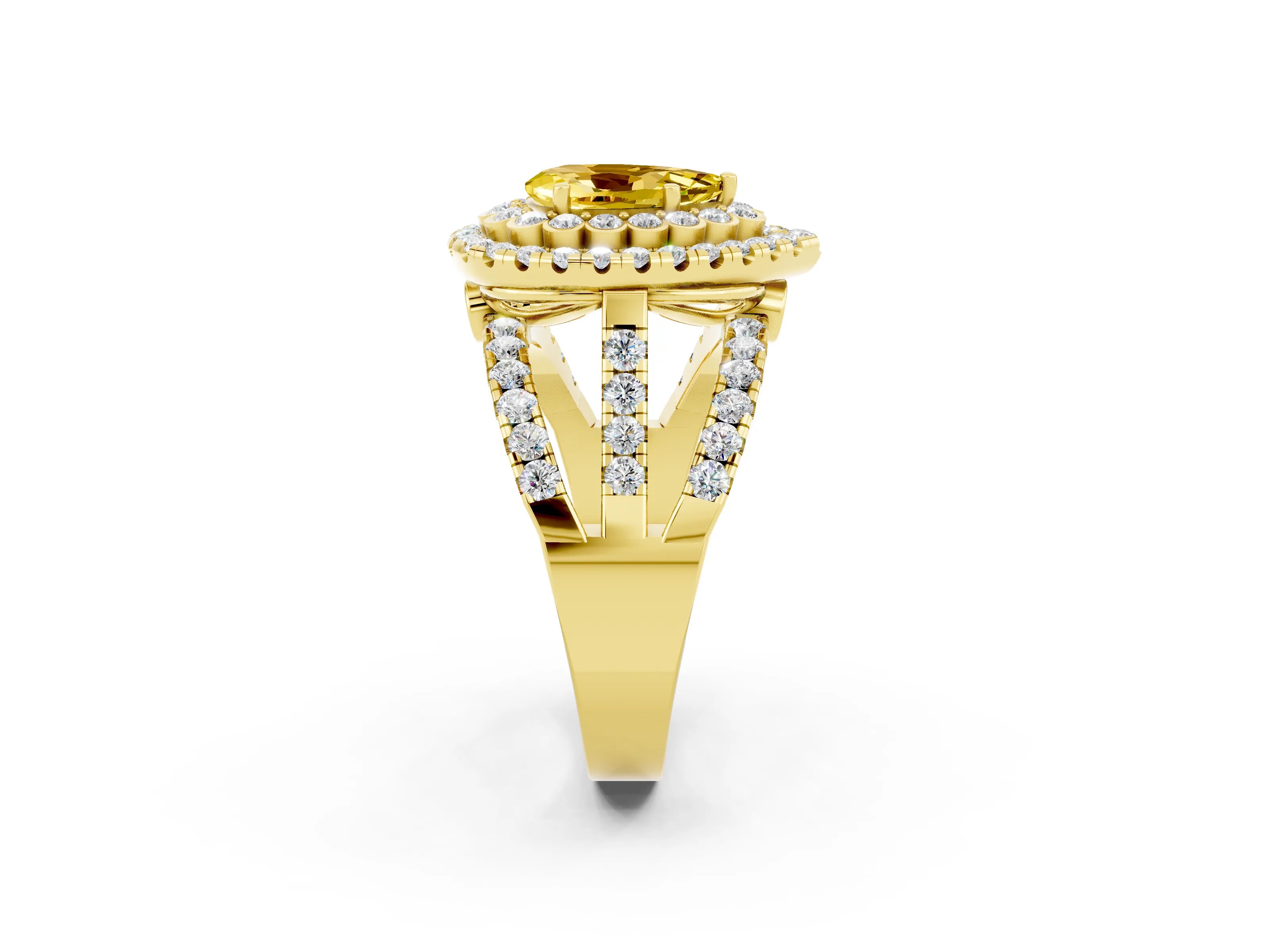 Yellow gold Double Halo Pear Cut Diamond Split Shank Pave Set Ring_2