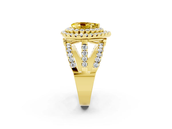 Yellow gold Pear Cut Yellow Sapphire Double Halo Ring with Round Pavé Split Shank and Prong Setting