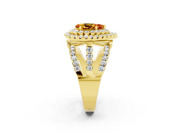 Yellow gold Pear Cut Citrine Double Halo Ring with Round Pavé Split Shank and Prong Setting