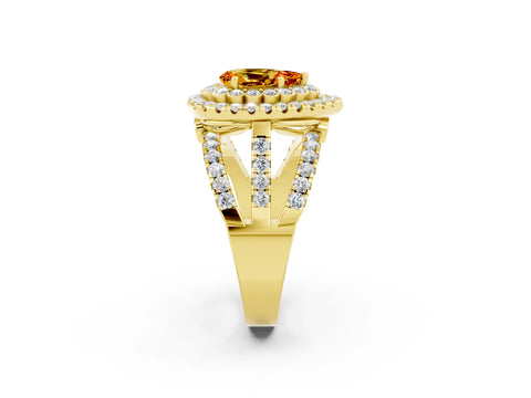 Yellow gold Double Halo Pear Cut Diamond Split Shank Pave Set Ring_2