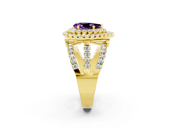 Yellow gold Pear Cut Amethyst Double Halo Ring with Round Pavé Split Shank and Prong Setting