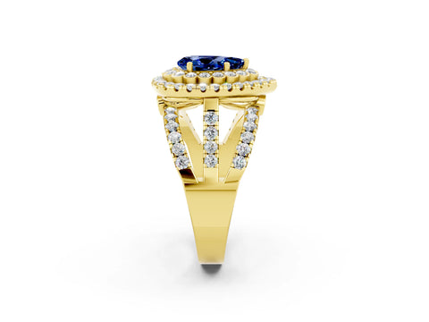 Yellow gold Double Halo Pear Cut Diamond Split Shank Pave Set Ring_2