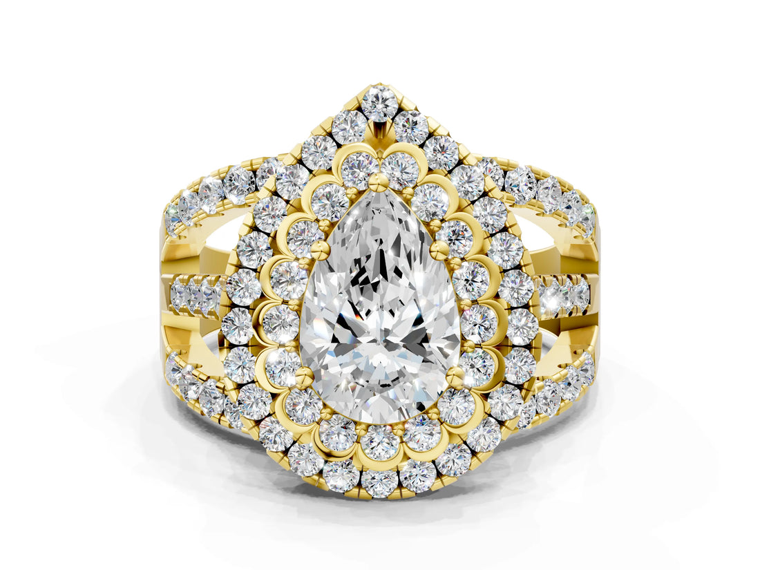 Yellow gold Double Halo Pear Cut Diamond Split Shank Pave Set Ring_3