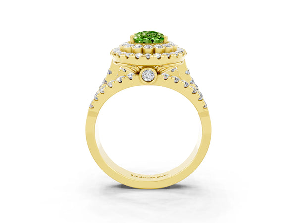 Yellow gold Double Halo Pear Cut Diamond Split Shank Pave Set Ring