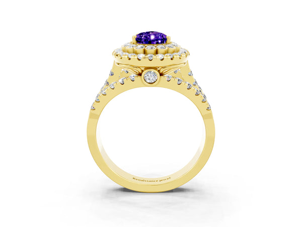 Yellow gold Pear Cut Tanzanite Double Halo Ring with Round Pavé Split Shank and Prong Setting