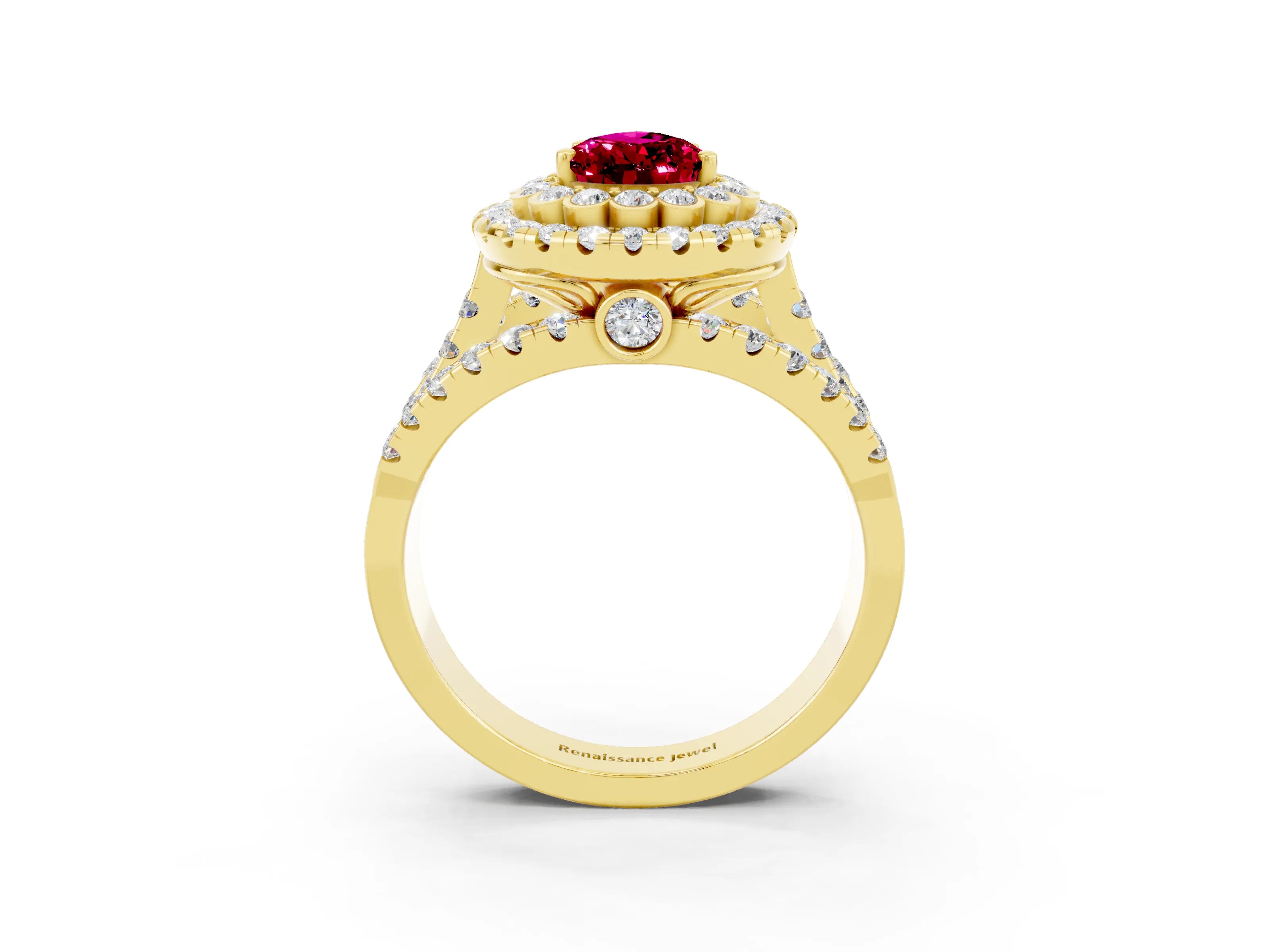 Yellow gold Double Halo Pear Cut Diamond Split Shank Pave Set Ring_3