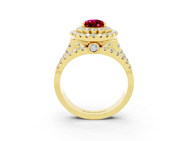 Yellow gold Pear Cut Garnet Double Halo Ring with Round Pavé Split Shank and Prong Setting