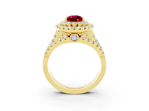 Yellow gold Double Halo Pear Cut Diamond Split Shank Pave Set Ring_3