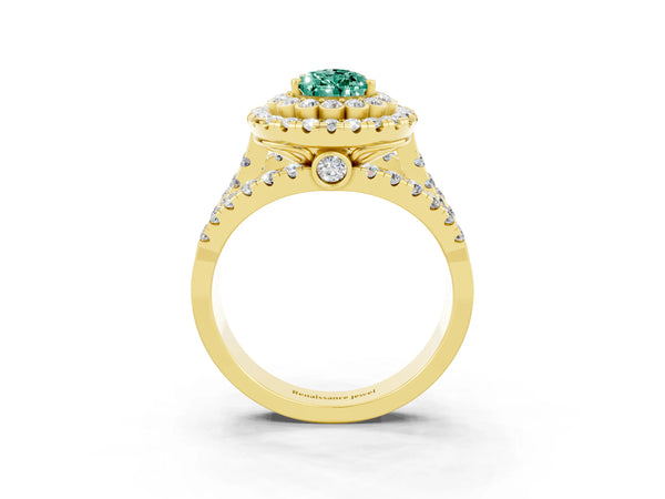 Yellow gold Pear Cut Green Sapphire Double Halo Ring with Round Pavé Split Shank and Prong Setting