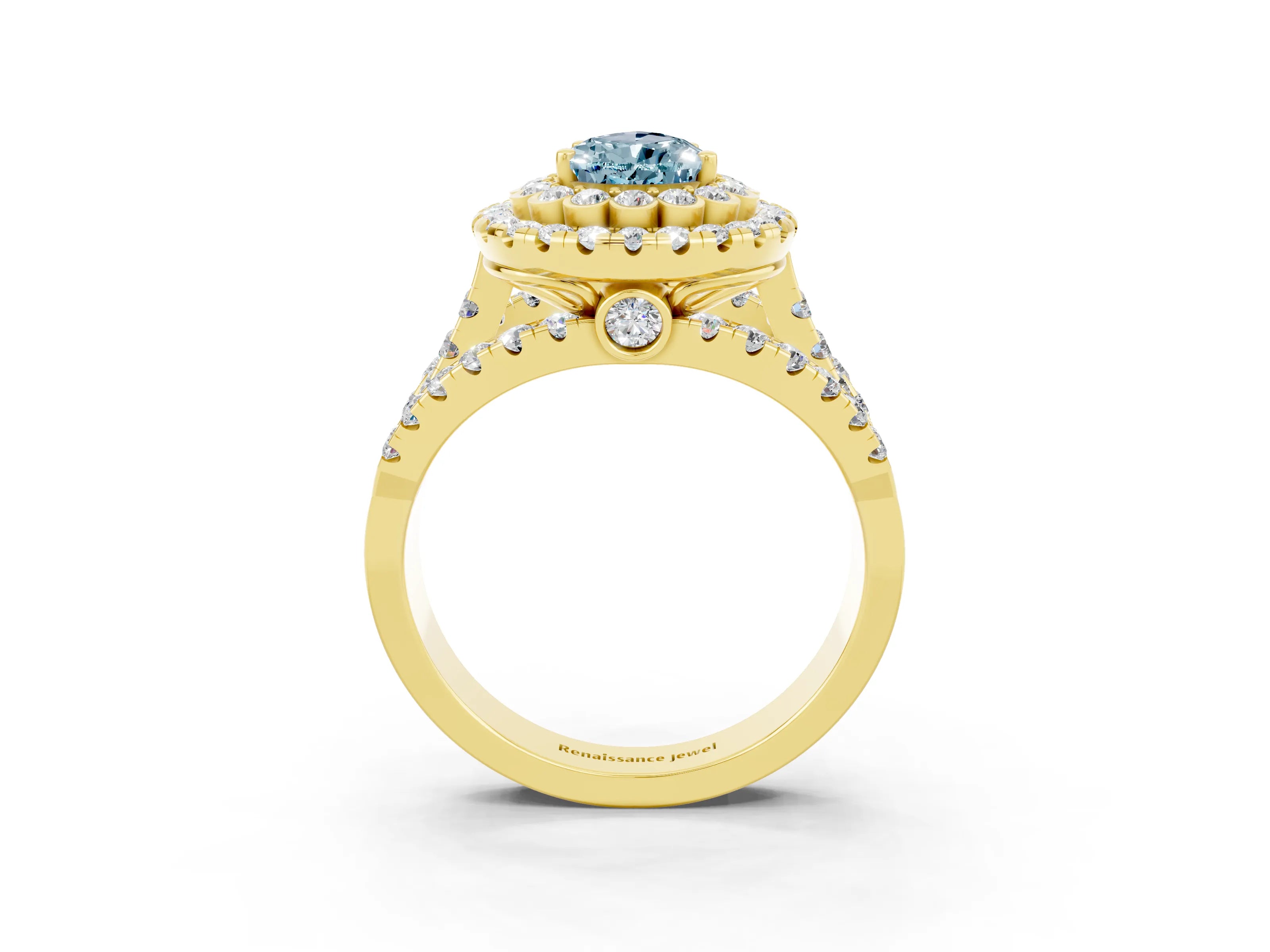 Yellow gold Double Halo Pear Cut Diamond Split Shank Pave Set Ring_3