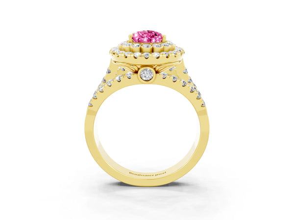Yellow Gold Pear-Shaped Lab-Grown Pink Sapphire Double Halo Engagement Ring with Split Shank