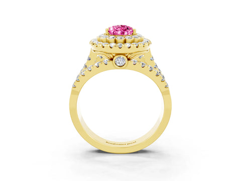 Yellow gold Double Halo Pear Cut Diamond Split Shank Pave Set Ring_3