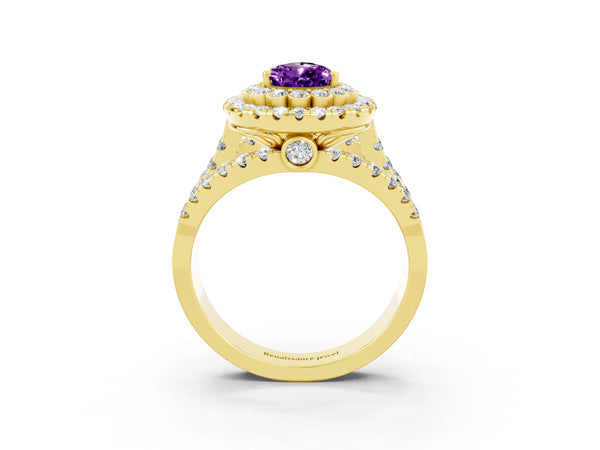 Yellow gold Pear Cut Amethyst Double Halo Ring with Round Pavé Split Shank and Prong Setting