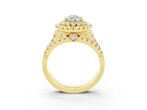 Yellow gold Pear Cut Moissanite Double Halo Ring with Round Pavé Split Shank and Prong Setting