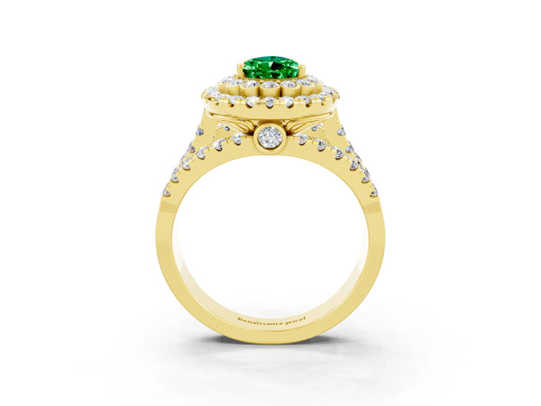 Yellow gold Pear Cut Emerald Double Halo Ring with Round Pavé Split Shank and Prong Setting