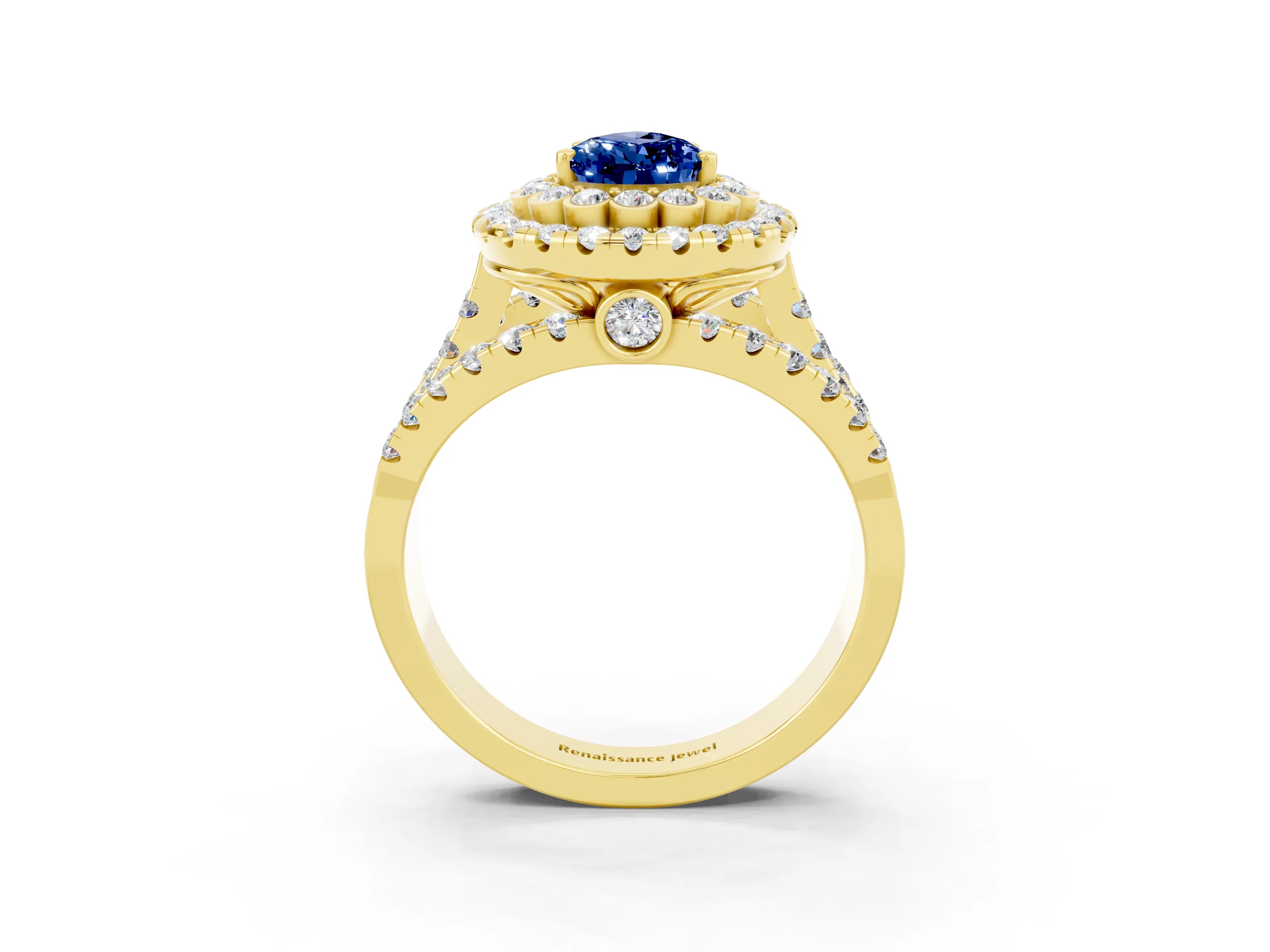 Yellow gold Double Halo Pear Cut Diamond Split Shank Pave Set Ring_3