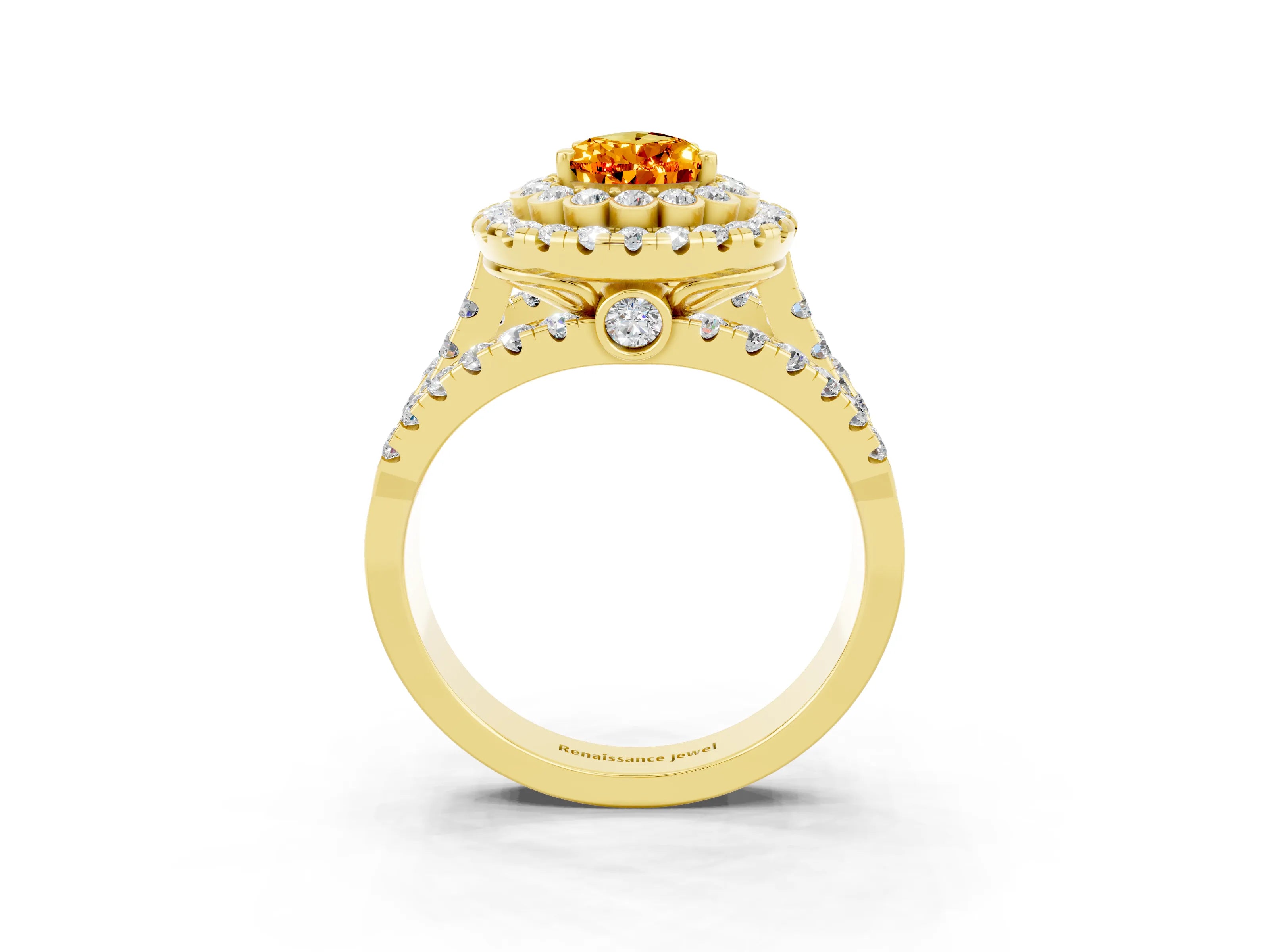 Yellow gold Double Halo Pear Cut Diamond Split Shank Pave Set Ring_3