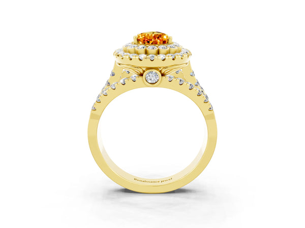 Yellow gold Pear Cut Citrine Double Halo Ring with Round Pavé Split Shank and Prong Setting