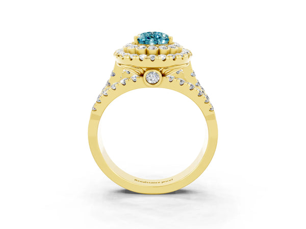 Yellow gold Double Halo Pear Cut Diamond Split Shank Pave Set Ring