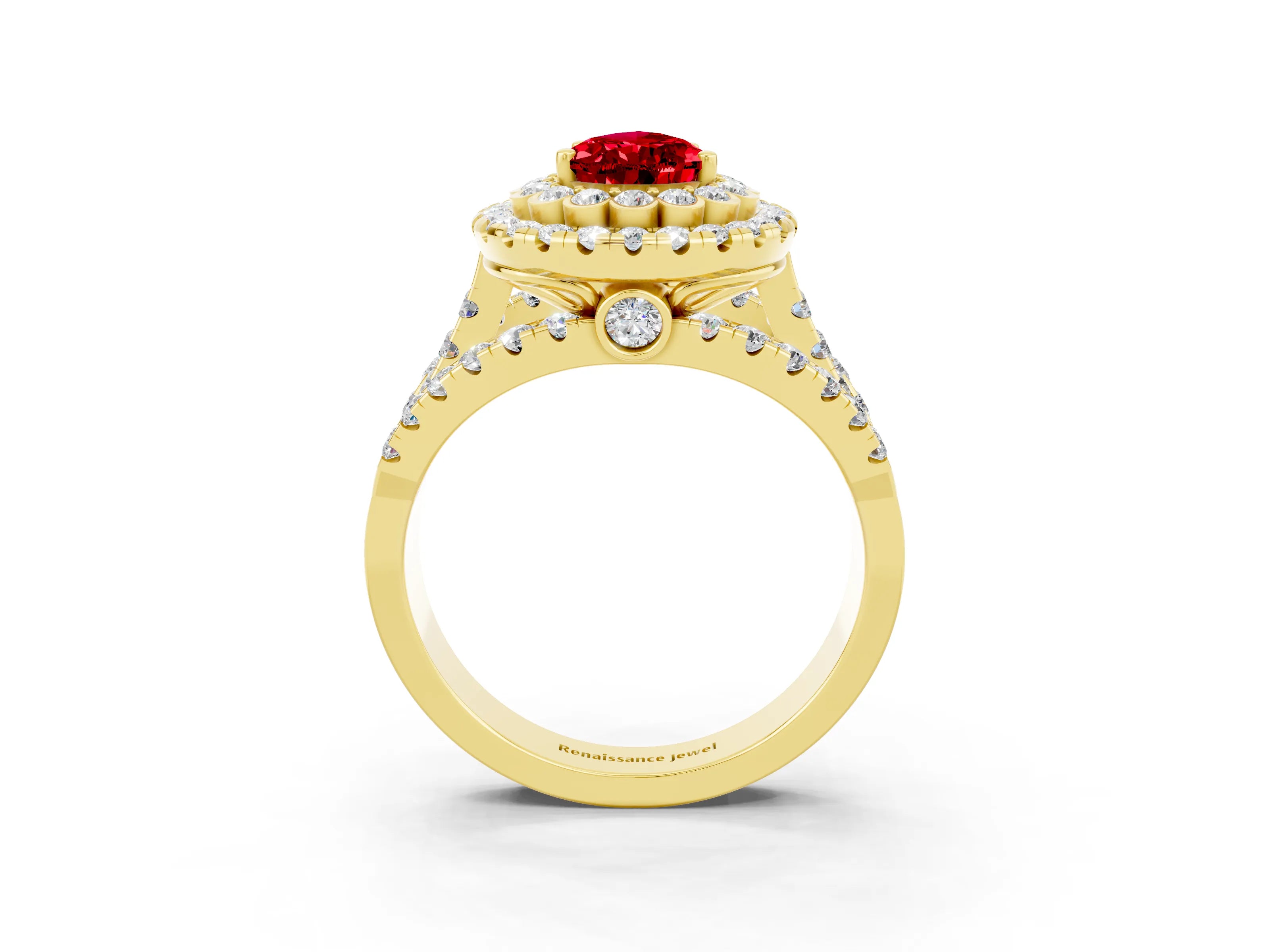 Yellow gold Double Halo Pear Cut Diamond Split Shank Pave Set Ring_3