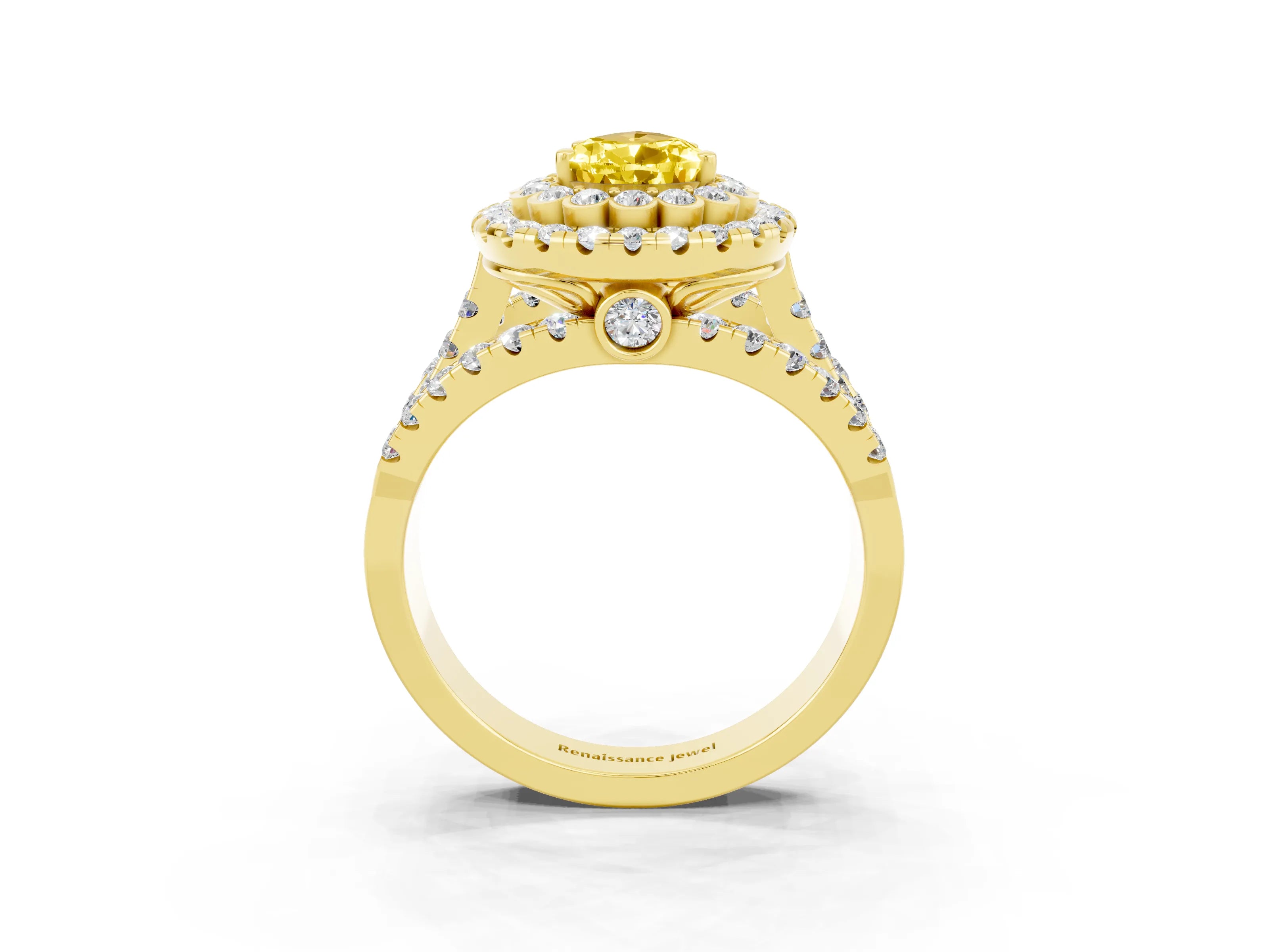 Yellow gold Double Halo Pear Cut Diamond Split Shank Pave Set Ring_3