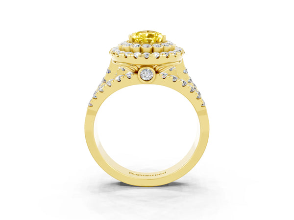Yellow gold Pear Cut Yellow Sapphire Double Halo Ring with Round Pavé Split Shank and Prong Setting