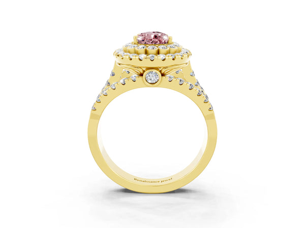 Yellow gold Double Halo Pear Cut Diamond Split Shank Pave Set Ring