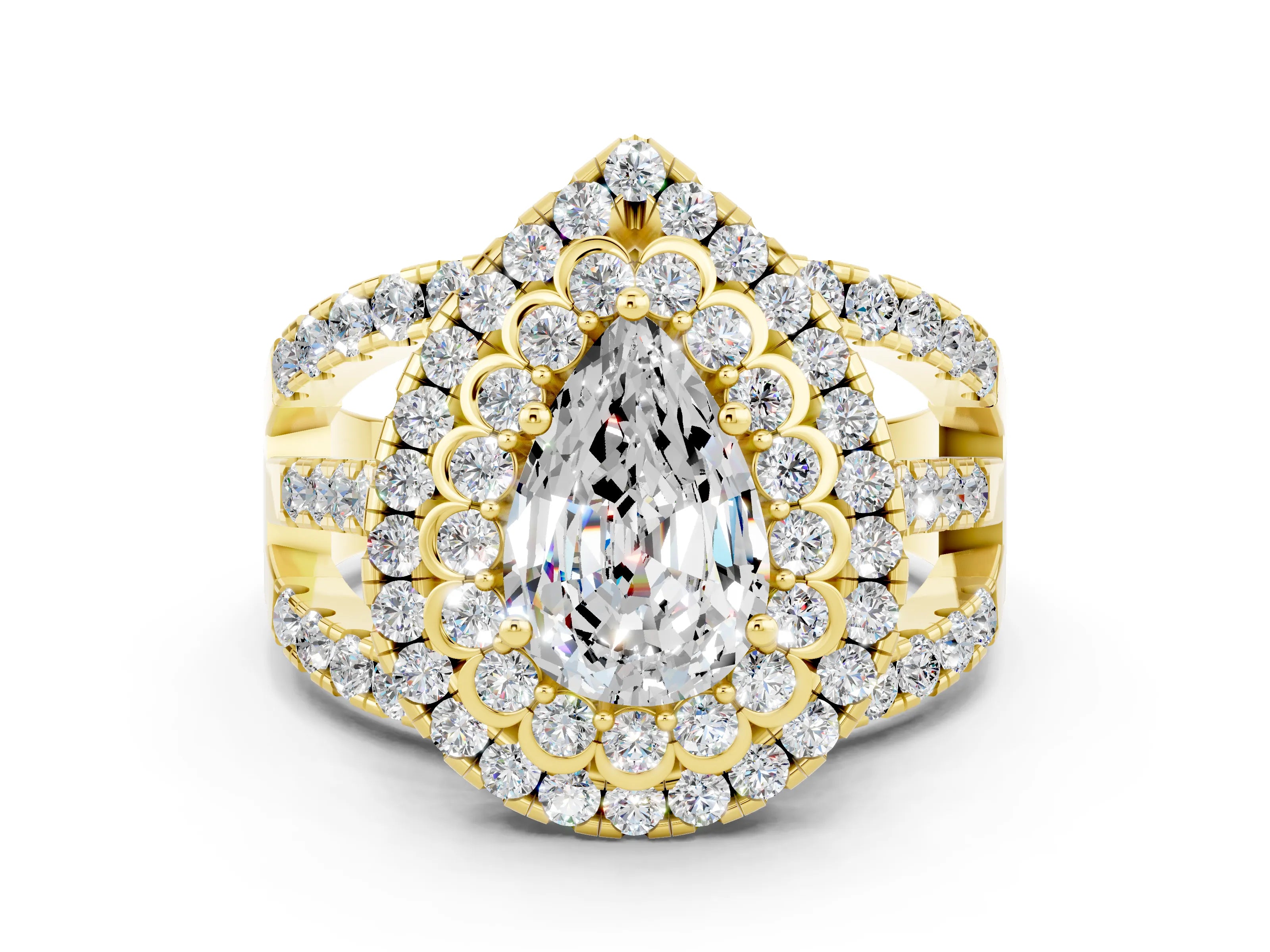 Yellow gold Double Halo Pear Cut Diamond Split Shank Pave Set Ring