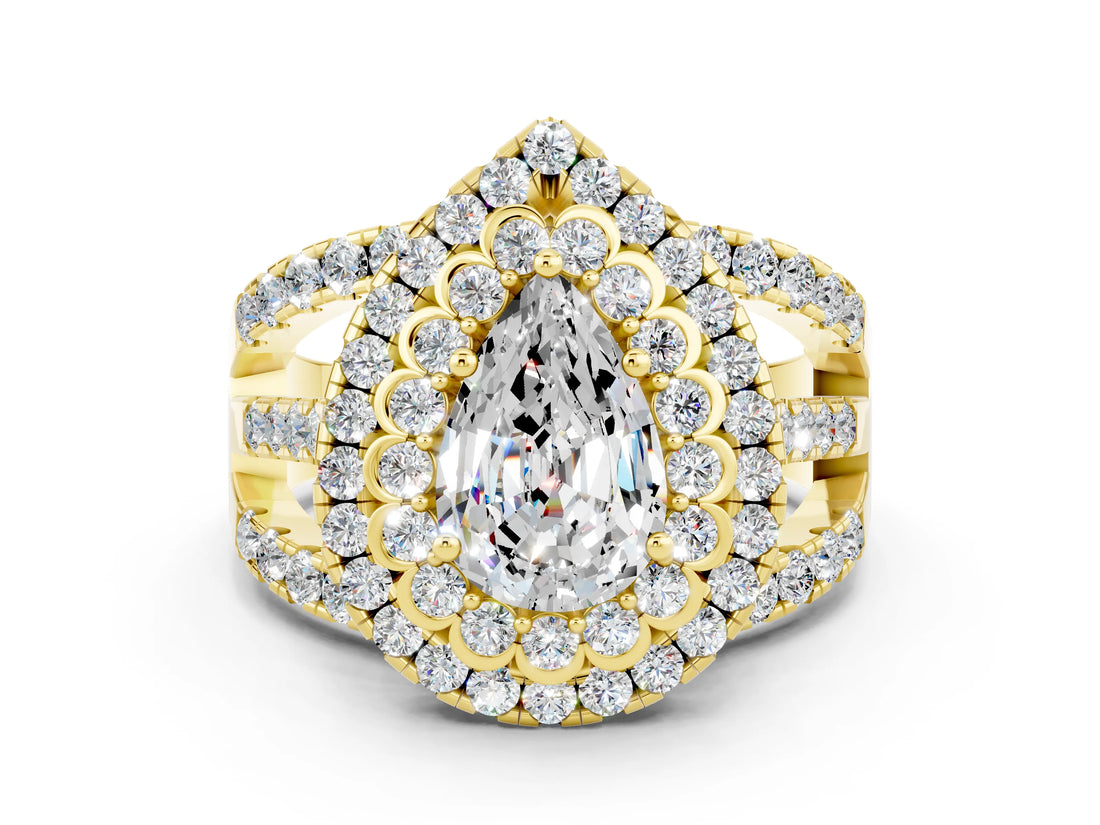 Yellow gold Double Halo Pear Cut Diamond Split Shank Pave Set Ring